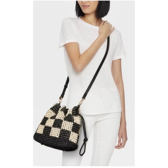 Universal Thread Handbags - Universal Thread Straw Checker Drawstring Crossbody Bag Black Natural NWT